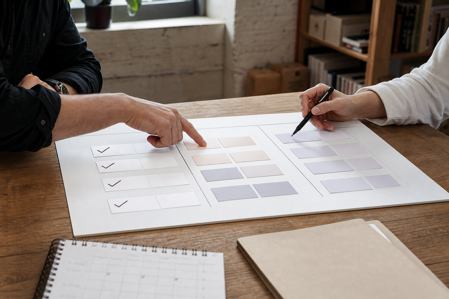 Two people reviewing fixed, shared-choice, and optional project scope columns